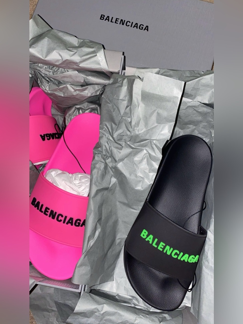 Authentic Balenciaga Black Sandals w/ Neon Green Logo & Hot Pink w/ Black Logo